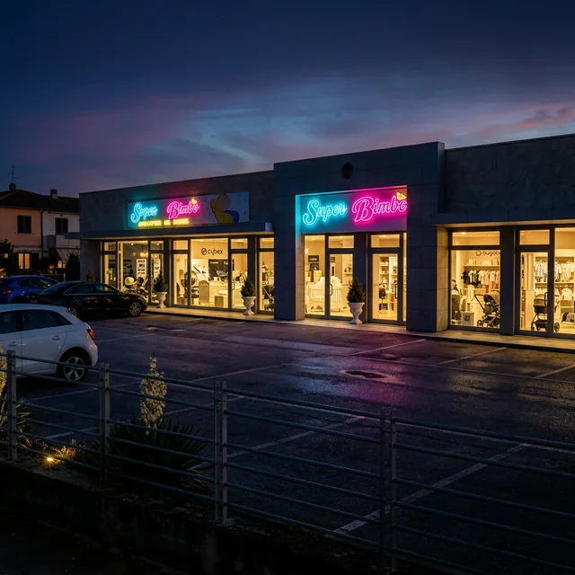 Il megastore SuperBimbo di sera con le insegne illuminate
